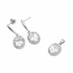 Srebrny komplet biżuterii z cyrkoniami. Kolor biały.