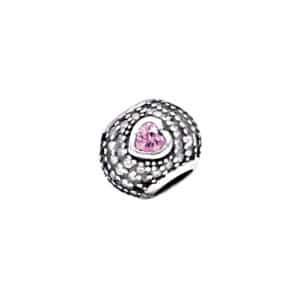 Srebrna zawieszka typu beads w kształcie kuli z różowym serduszkiem.