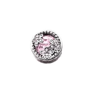 Srebrna zawieszka typu beads z różowym kryształem Swarovskiego i kwiatkami.
