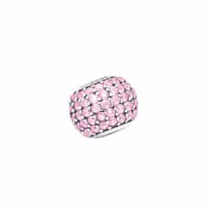 Srebrna zawieszka typu beads w kształcie kuli wysadzanej różowymi cyrkoniami.