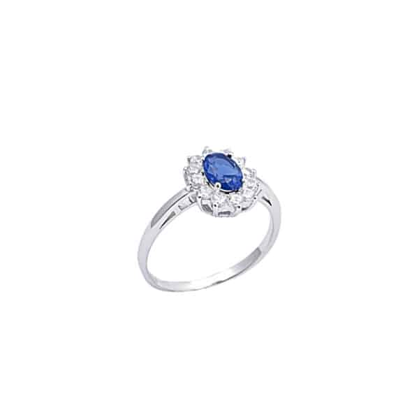 Srebrny pierścionek typu markiza z cyrkoniami. Kolor niebieski.