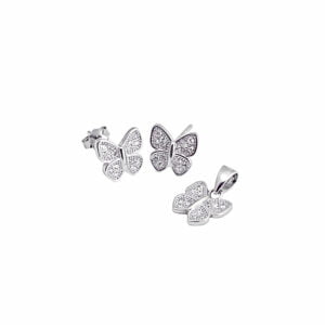 Srebrny komplet biżuterii w kształcie motylka. Biżuteria zdobiona cyrkoniami.