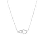 Srebrny naszyjnik typu celebrytka z dwoma serduszkami wysadzanymi cyrkoniami.