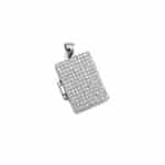 Srebrna zawieszka typu puzderko w kształcie prostokąta z cyrkoniami.