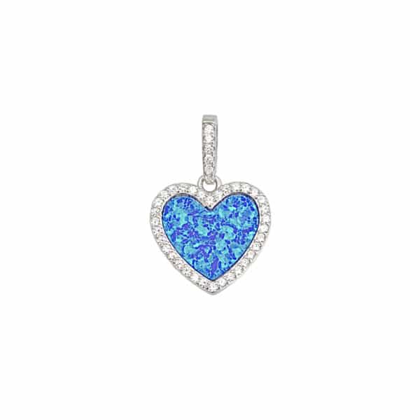 Srebrna zawieszka w kształcie serca z niebieskim opalem i cyrkoniami.