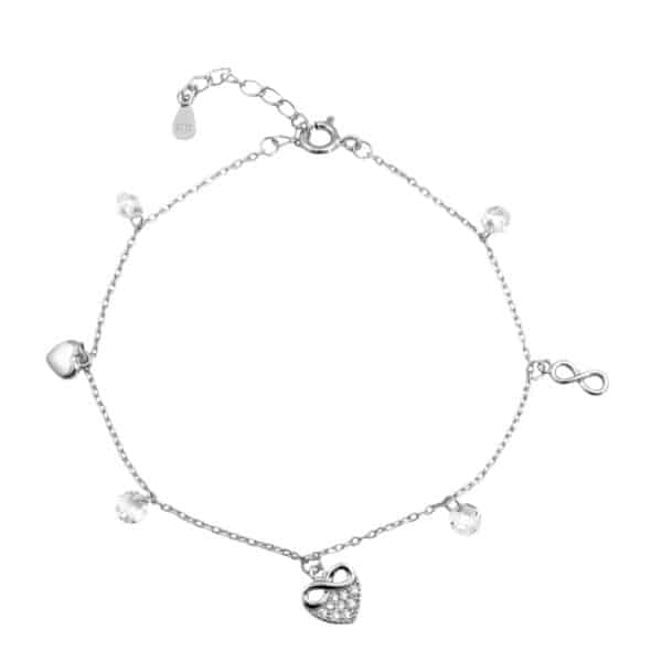 Srebrna bransoletka typu celebrytka z zawieszkami w kształcie serduszka, znaku nieskończoności i kryształkami Swarovskiego.
