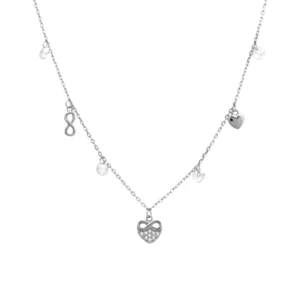 Srebrny naszyjnik typu celebrytka z zawieszkami w kształcie serduszka, znaku nieskończoności i kryształkami Swarovskiego.