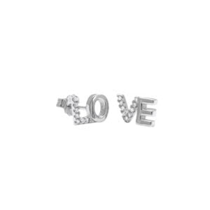 Srebrne kolczyki tworzące napis " Love" z zapięciem typu sztyft. Kolczyki zdobione cyrkoniami.