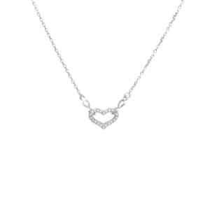 Srebrny naszyjnik typu celebrytka z serduszkiem i dwoma symbolami nieskończoności. Serduszko wysadzane cyrkoniami.