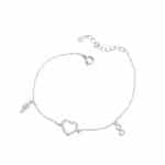 Srebrna bransoletka typu celebrytka z sercem wysadzanym cyrkoniami oraz znakiem nieskończoności i skrzydłem.