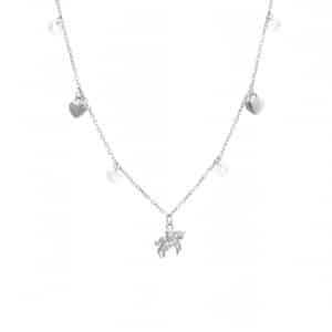 Srebrny naszyjnik typu celebrytka z jednorożcem i kryształkami Swarovskiego.