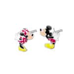 Srebrne kolczyki w kształcie Myszki Mickey i Minnie z zapięciem typu sztyft. Kolczyki pokryte emalią.