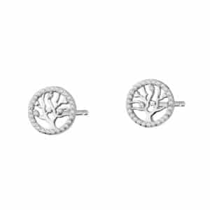 Srebrne okrągłe kolczyki typu sztyft z drzewkiem szczęścia. Kolczyki zdobione cyrkoniami.