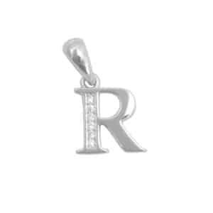 Srebrna zawieszka kszta艂cie literki R z cyrkoniami.