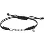 Srebrna bransoletka na czarnym, plecionym sznurku z motywem łańcucha.