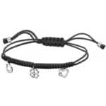 Srebrna bransoletka na czarnym, plecionym sznurku z zawieszkami.