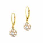 Srebrne pozłacane wiszące kolczyki z zapięciem typu bigiel angielski z motywem kwiatka. Kolczyki wysadzane cyrkoniami.