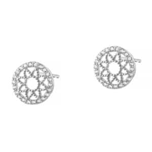 Srebrne kolczyki z zapięciem typu sztyft w kształcie okrągłej rozety zdobionej cyrkoniami.