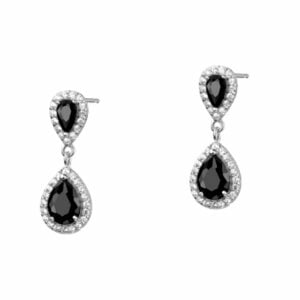 Srebrne wiszące kolczyki z zapięciem typu sztyft w kształcie łezki z czarnymi cyrkoniami.
