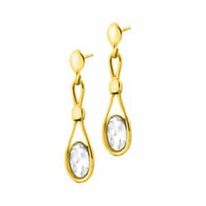 Srebrne pozłacane wiszące kolczyki z zapięciem typu sztyft zdobione dużą, pojedynczą cyrkonią.