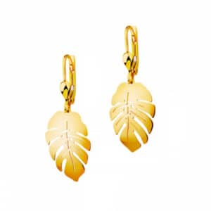 Srebrne pozłacane wiszące kolczyki z zapięciem typu bigiel angielski z motywem liścia monstery.