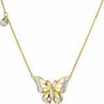 Srebrny pozłacany naszyjnik z motywem motylka zdobionego cyrkoniami.