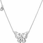 Srebrny naszyjnik z motywem motylka zdobionego cyrkoniami.