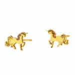 Srebrne pozłacane kolczyki celebrytki z zapięciem typu sztyft w kształcie jednorożca.