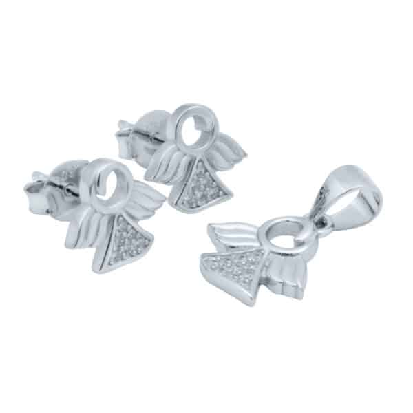 Srebrny komplet biżuterii z motywem aniołka zdobionego cyrkoniami.