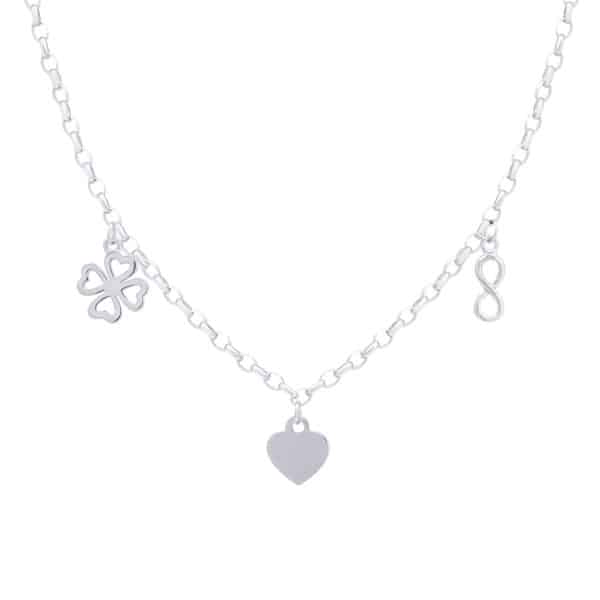 srebrny naszyjnik na grubszym łańcuszku z zawieszkami w kształcie pełnego serca, ażurowei koniczyny i znaku nieskończoności