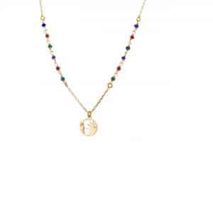 naszyjnik pozłacany z zawieszką przedstawiającą słońce i ozdobiony kolorowymi koralikami