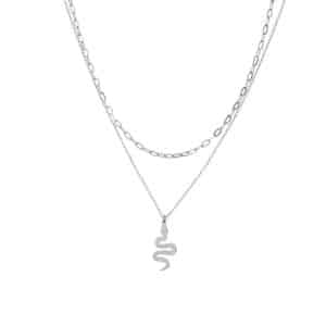 srebrny naszyjnik na podwójnym łańcuszku z których krótszy jest o splocie paper clip a na drugim łańcuszku typu ankierek zawieszona ozdoba w kształcie żmijki