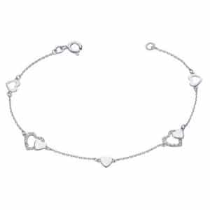 srebrna bransoletka o splocie ankier, na którym umieszczone dwa puste serduszka, jedno pełne gładkie i dwa podwójne serca ozdobione cyrkoniami