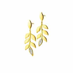 srebrne pozłacane kolczyki wiszące na sztyfcie w formie złożonego liścia z gładkimi listkami oraz jednym listkiem ozdobionym cyrkoniami