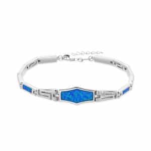 srebrna bransoletka posziadająca zsobienia w kształcie prostokąta szerszego na środku przeplatane ze wzorem greckim w srebrze