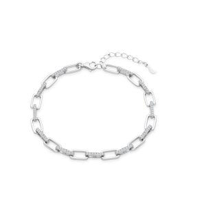 srebrna bransoletka składająca się z prostokątnych ogniw połączonych pałeczkami wysadzanymi białymi cyrkoniami