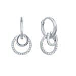 srebrne kolczyki małe kółka o gładkiej powierzchi na których wiszą dwa kółeczka jedno mniejsze o średnicy 8 mm gładkie a za nim drugie większe o średnicy 13 mm wysadzane białymi cyrkoniami