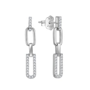 srebrne kolczyki wiszące na sztyfcie składające się z dwóch prostokątnych ogniw jednego gładkiego i drugiego wysadzanego cyrkoniami