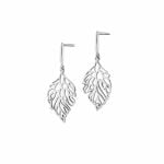 srebrne kolczyki sztyfty z pałeczką na której zawieszony liść ażurowy ozdobiony pięcioma pojedynczymi cyrkoniami