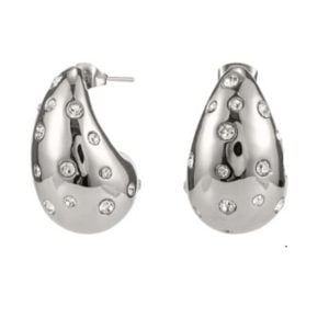 srebrne kolczyki na sztyfcie w kształcie pustej kropli o gładkiej powierzchni na której umiejscowione pojedyncze cyrkonie niczym brylanciki