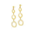 długie pozłacane kolczyki na sztyfcie złożone z trzech stopniowanych kółek pustych w środku z greckim ażurowym wzorem na obwodzie wiszących jeden pod drugim