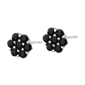 srebrne kolczyki sztyfty o okrągłym kształcie utworzonym z czarnych cyrkoni zamocowanych w łapkach