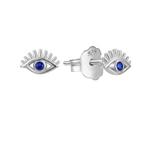 srebrne kolczyki na sztyfcie w kształcie ludzkiego oka którego środek stanowi niebieska cyrkonia oraz pręciki na górze imitujące brwi