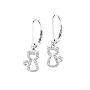 srebrne kolczyki kotki w obrysie z cyrkonii wiszące na biglu angielskim